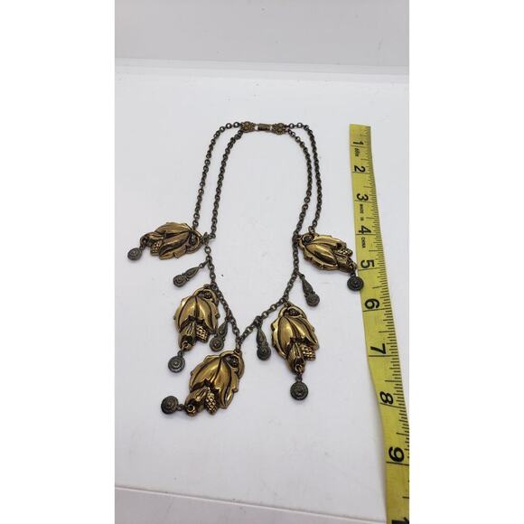 Vintage Art Nouveau Brass Etruscan Revival Festoon Necklace Leaves 1920s - Picture 9 of 9
